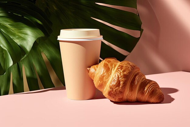 Takeaway breakfast with coffee and croissant in a craft paper cup on a sunny urban scene with pink b