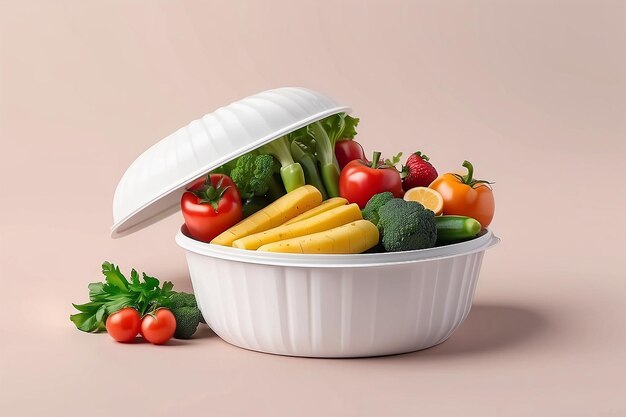 野菜や果物を入れたテイクエイ食品容器の丸い箱のモックアップ