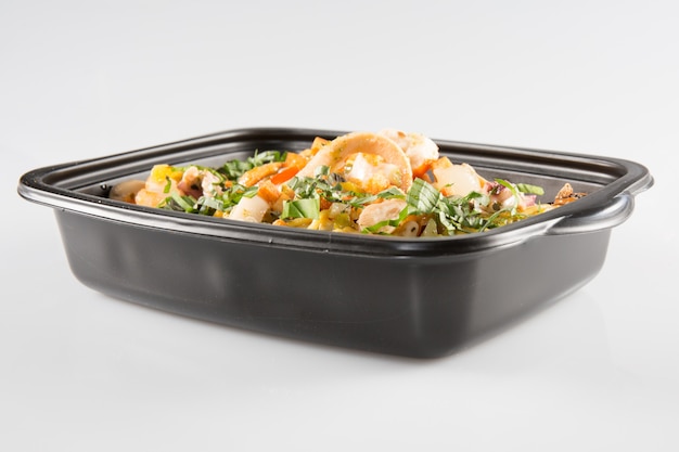 Takeaway food in microwavable containers