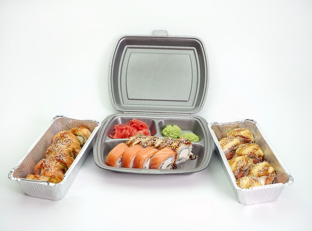 Takeaway Lunch, delivery of sushi menu in lunch boxes. The concept of delivery