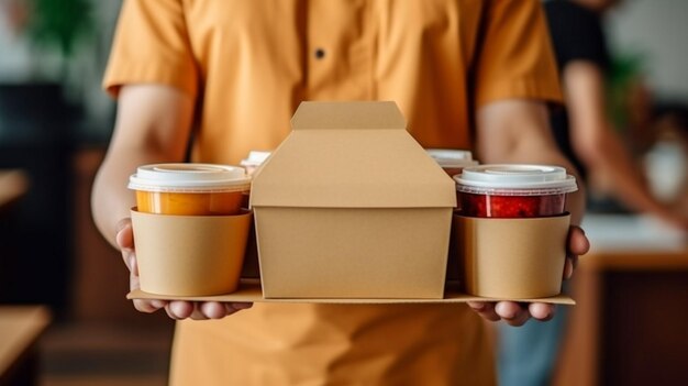 Photo for takeaway meals a variety of paper containers generative ai delivery guy