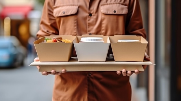 Photo for takeaway meals a variety of paper containers generative ai delivery guy