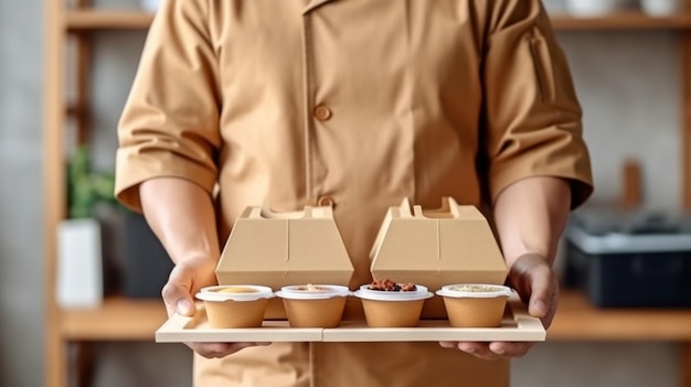 For takeaway meals a variety of paper containers Generative AI delivery guy