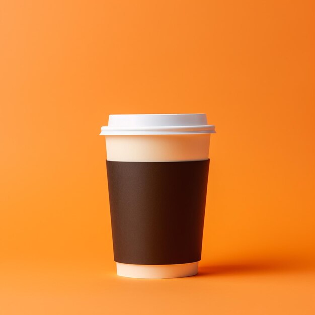 Takeaway paper coffee cup with cardboard sleeve on orange background space for text