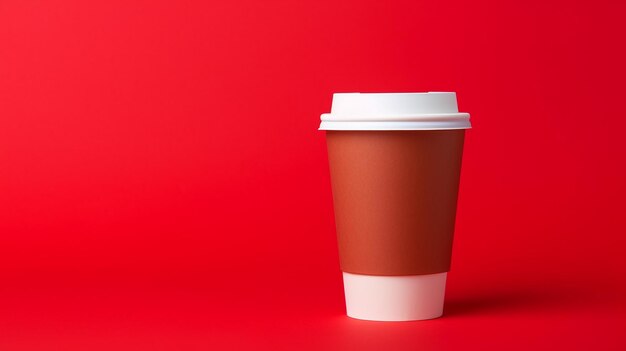 Takeaway paper coffee cup with cardboard sleeve on red background space for text