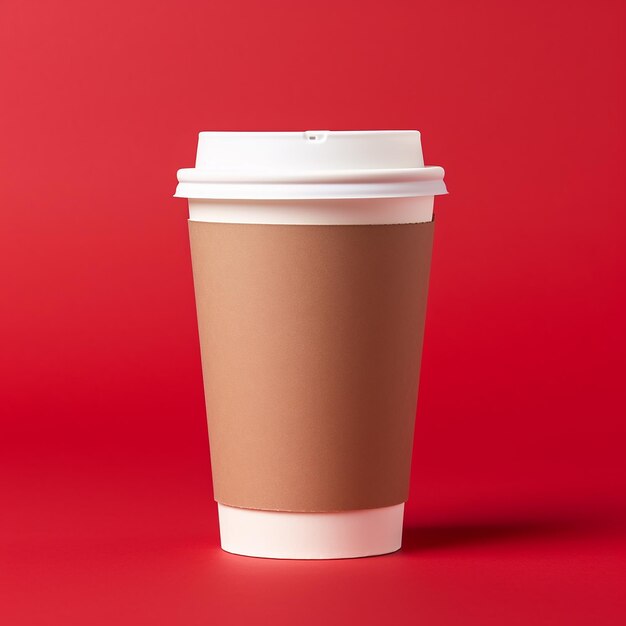 Takeaway paper coffee cup with cardboard sleeve on red background space for text