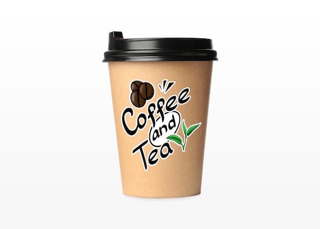 takeaway paper cup with printed phrase coffee and tea isolated on white