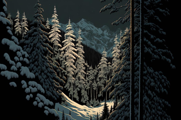 Taken from a high vantage point of a spruce woodland in the icy mountains against a pitch black sky