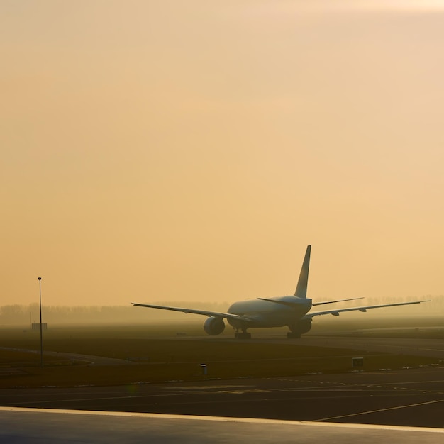 The takeoff plane in airport early morning