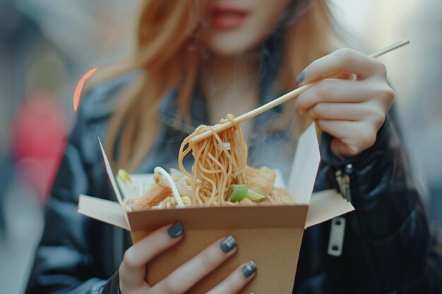 Takeout Box of StirFried Noodles and Tofu with AI generated