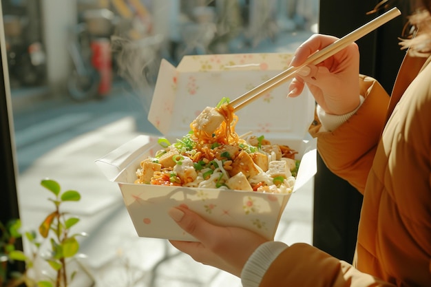 Takeout Box van StirFried Noodles en Tofu met AI gegenereerd