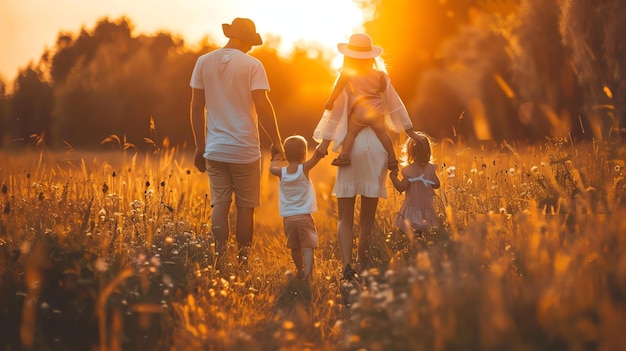 写真 高い草原をゆっくりと散歩しながらこの4人組の家族は夕暮れの暖かい光に浴びています