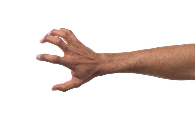 Taking. Black male hand grab some items on white isolated background, cutout, copy space