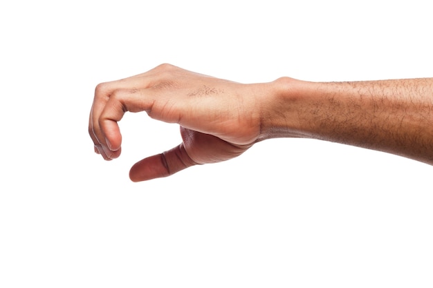 Photo taking. black male hand grab some items on white isolated background, cutout, copy space