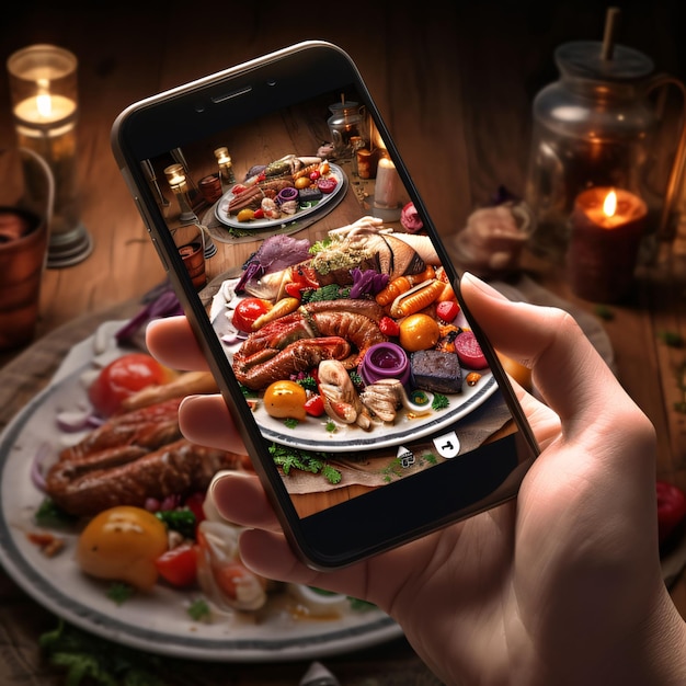 Taking photo of food with smart phone Food photography concept Hand holding smartphone