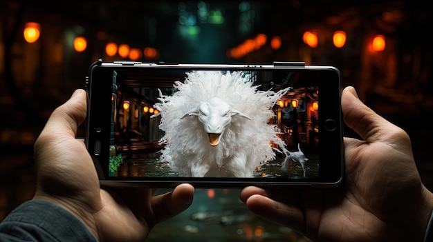 携帯電話やスマートフォンでアルビノの羊の写真を撮る