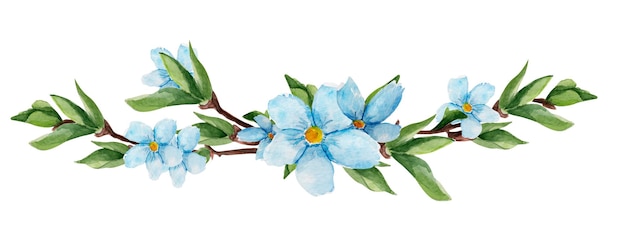 Takje grens met blauwe bloemen aquarel geïsoleerde illustratie
