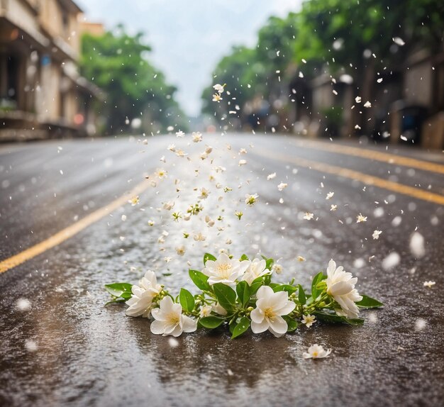 Takjes van jasmijnbloemen op de asfaltweg met vallende regen