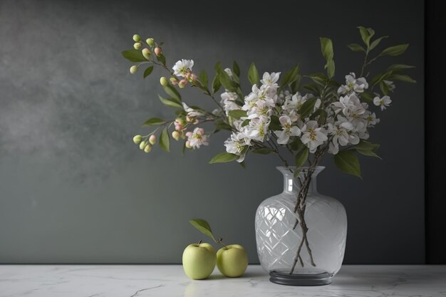 Takken van een appelboom een grijze muur en bloemen in een vloervaas