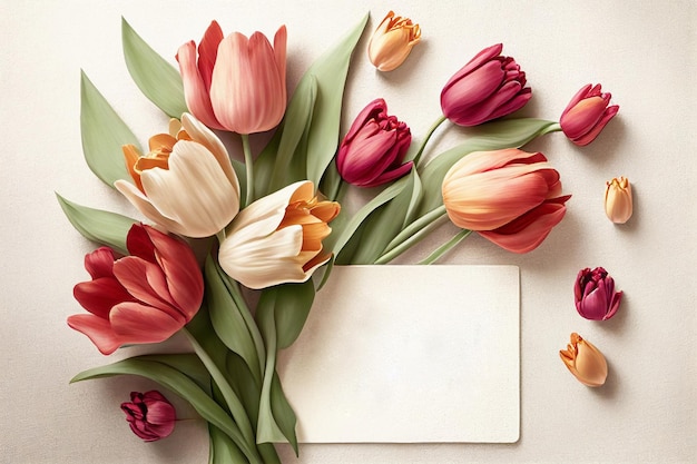 Takken van tulpenbloemen en groene bladeren. Bloemen mars ontwerp. Wenskaartsjabloon. Vrouwendag feestelijke illustratie.