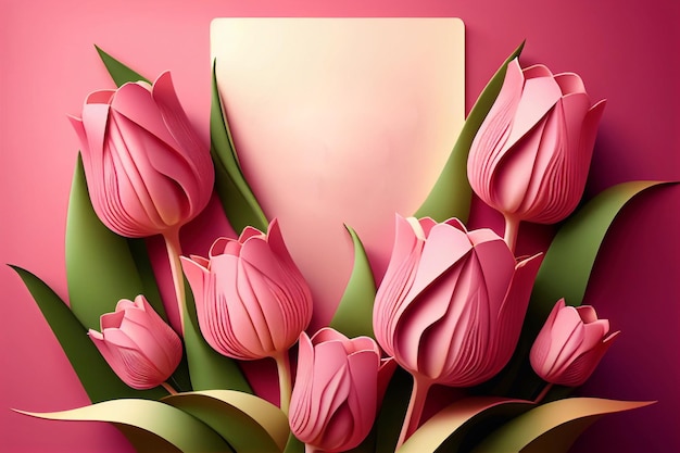 Takken van tulpenbloemen en groene bladeren. Bloemen mars ontwerp. Wenskaartsjabloon. Vrouwendag feestelijke illustratie.