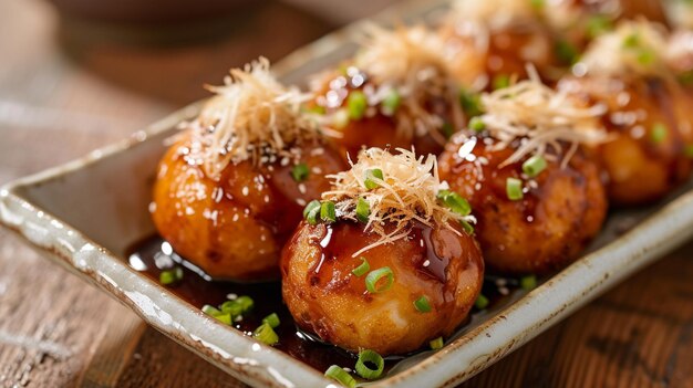 Foto takoyaki goudbruine ballen van deeg gevuld met zachte octopus gegarneerd met takoyaki saus mayonaise groene uien en bonito flakes