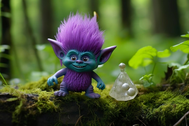 Tale troll with crystals in the forest natural green background