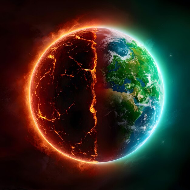Premium Photo  Tale of Two Worlds Fiery lava meets lush green on alien planet