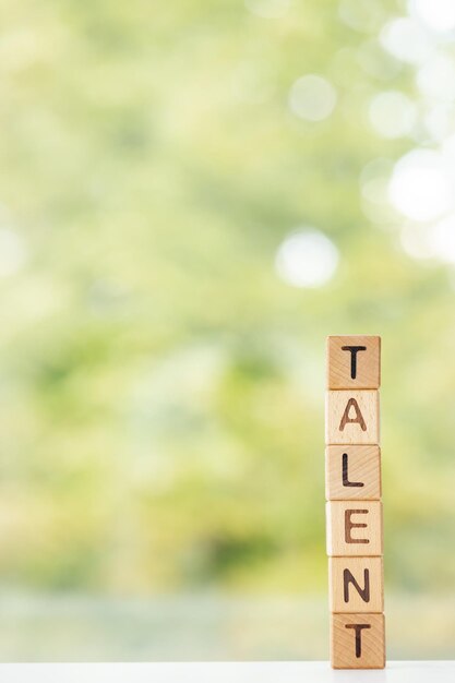 talent word is written on wooden cubes on a green summer background closeup of wooden elements
