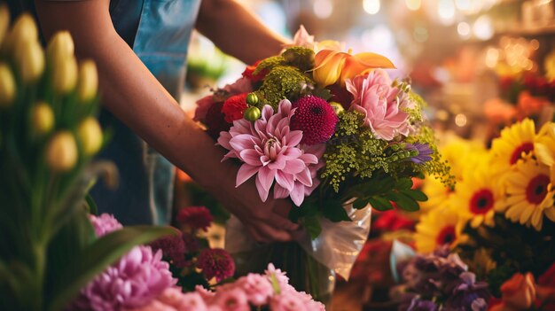 Foto un talentoso fiorista organizza meticolosamente uno splendido bouquet di fiori vivaci e profumati in un affascinante negozio di fiori creando un capolavoro che irradia bellezza amore e positività