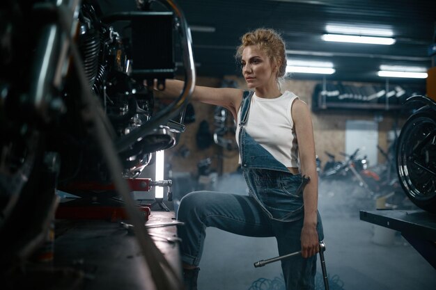 Talented girl wearing blue jumpsuit using work tool to repair motorcycle