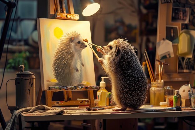 Photo a talented hedgehog artist delicately paints a portrait of mrs hedgehog