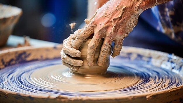 Talented potter shaping matching ceramic pieces on pottery wheel in vibrant workshop studio