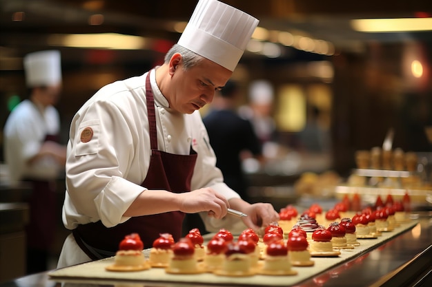 Photo talented professional pastry chef preparing exquisite cake for unforgettable special occasion