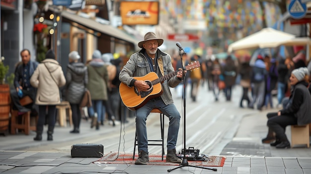 Талантливый уличный музыкант в шляпе играет на гитаре и поет для толпы