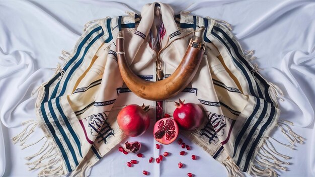 Photo talit shofar pomegranate and pomegranate seeds on white background top view