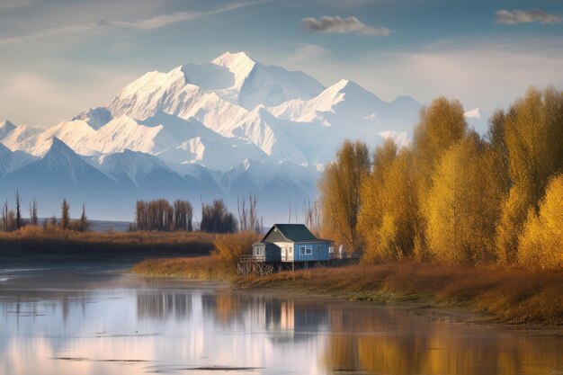 Talkeetna Alaska Mountains hutten adelaars en vissers bij de rivier Schilderachtige generatieve IA