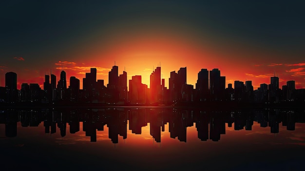 Tall building and city silhouettes at sunset