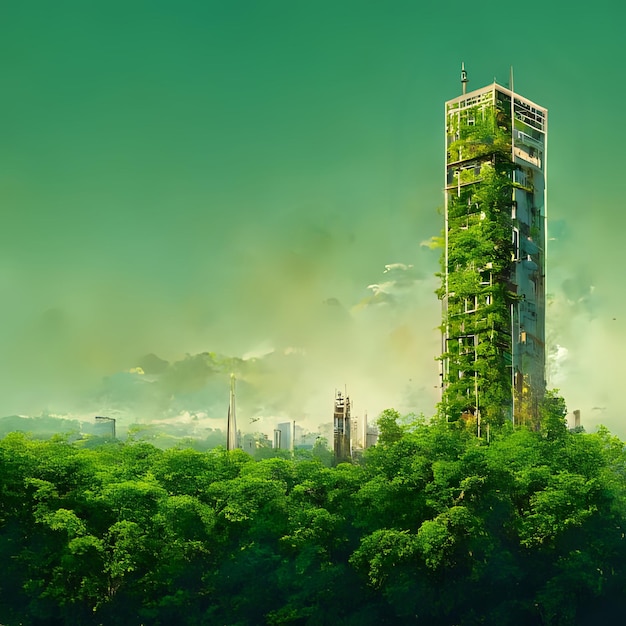 Tall building covered with green trees