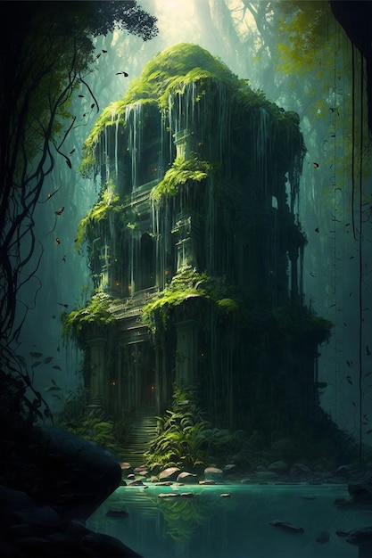 A tall building inside fantasy jungle