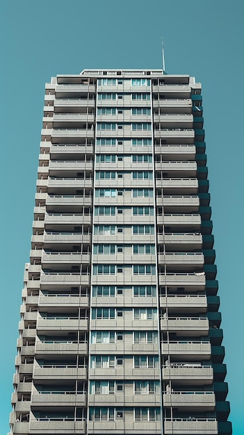 a tall building with balconies on the top