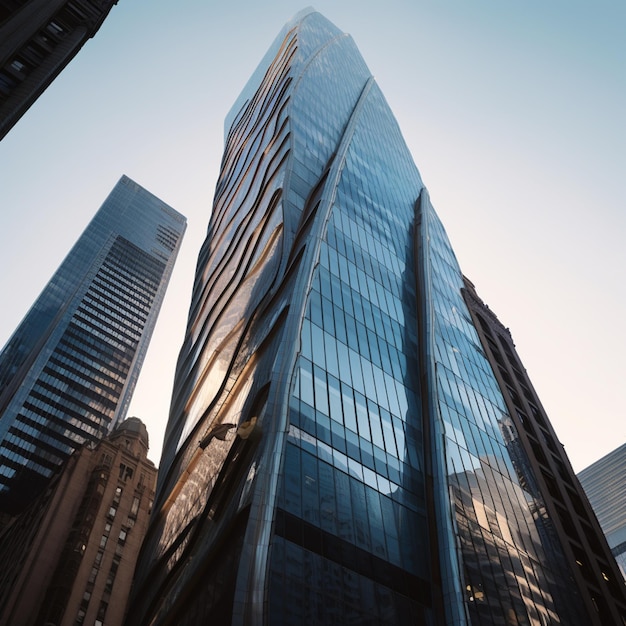 A tall building with a blue glass facade and the word bank on it.