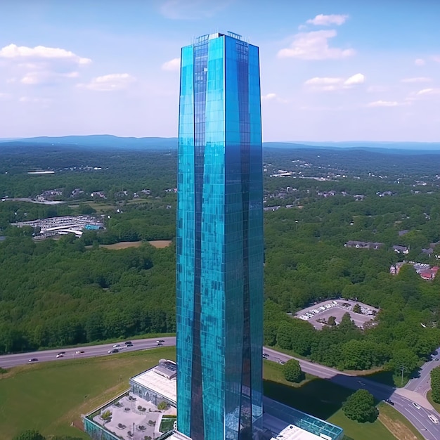 A tall building with a blue glass facade