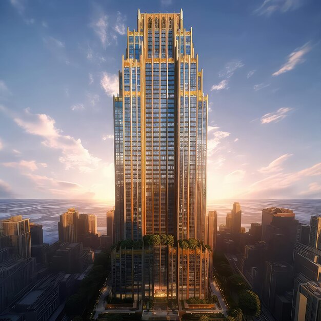 A tall building with a blue roof and a sky background