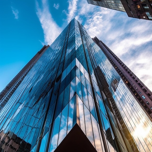 A tall building with a blue sky and clouds in the background