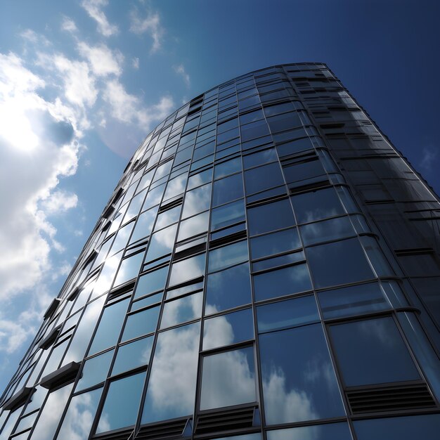 A tall building with a blue sky and clouds on it