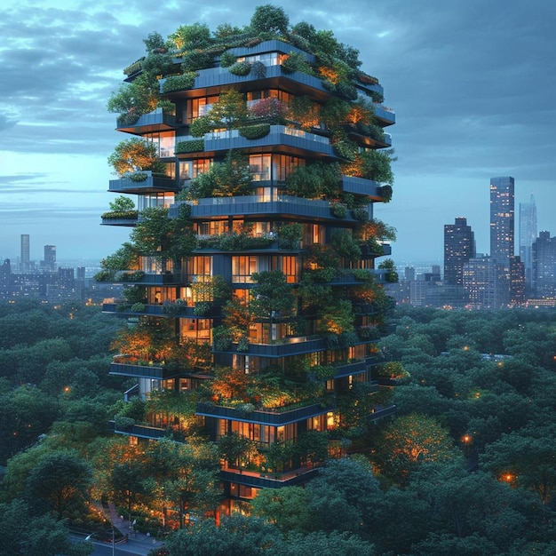a tall building with lots of trees on top of it