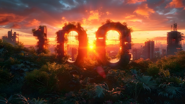 a tall building with the number 100 lit up The building has a neon orange hue and surround by plant