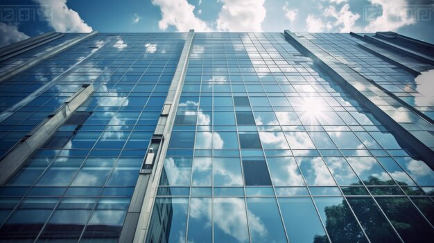 수많은 창문 을 가진 높은 건물 은 푸른 하늘 을 배경 으로 한 현대 건물 의 유리 로 된 정면 이다
