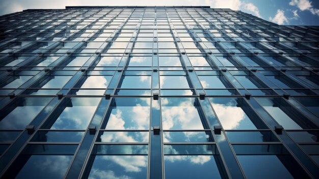 Photo a tall building with numerous windows glass clad facade of a modern building against blue sky